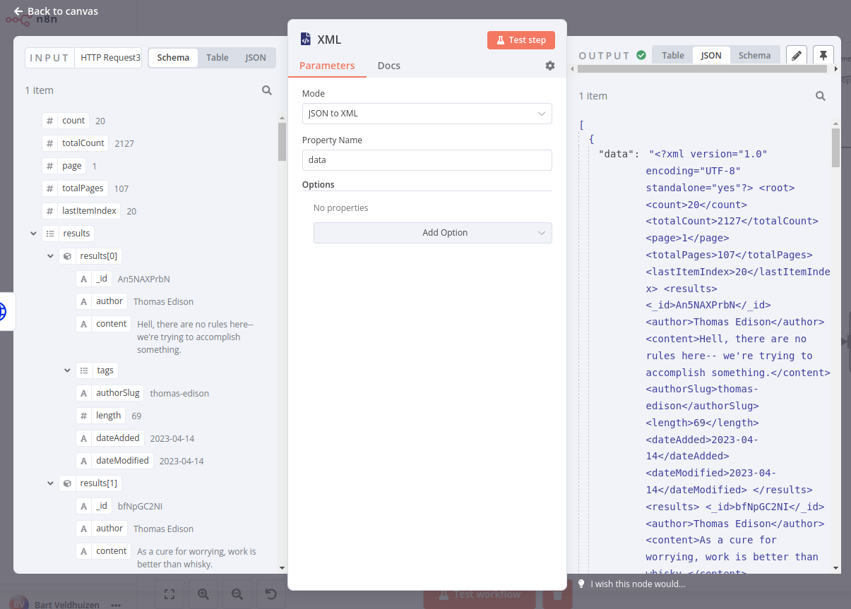 Table view of XML Node (JSON to XML)